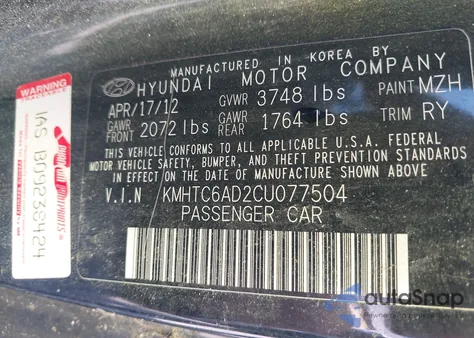 2012 Hyundai Veloster Base W/Black from USA, damaged, VIN KMHTC6AD2CU077504